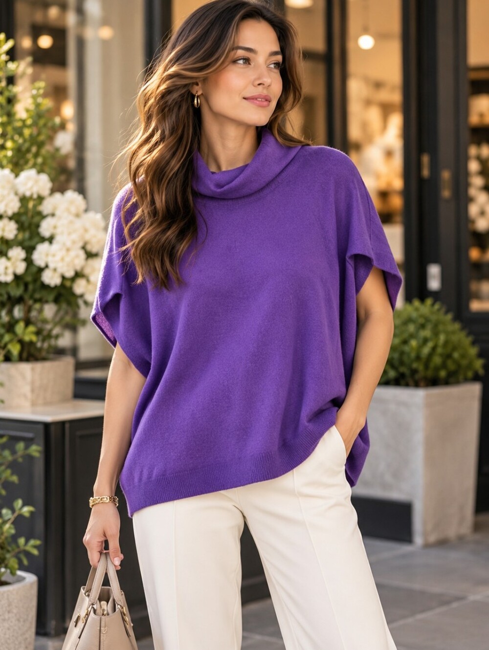 Anthropologie ENZA 100% Cashmere Poncho Sweater S Purple Cowl Neck Quiet Luxury